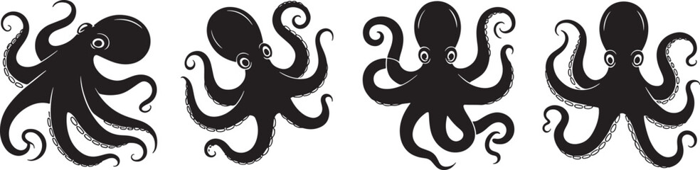 Black octopus silhouettes in various poses against a white background for design elements