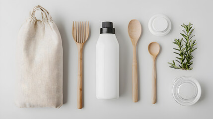 Eco-friendly kitchen essentials including wooden utensils, reusable containers, a cloth bag, and fresh herbs arranged neatly on a light surface.