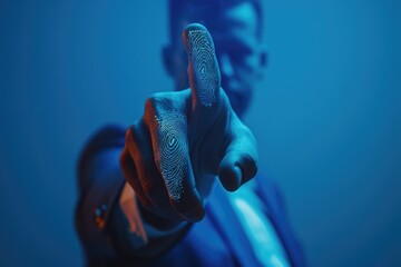 Photo of a Businessman with the digital identity concept, finger print biometric security on a blue background.