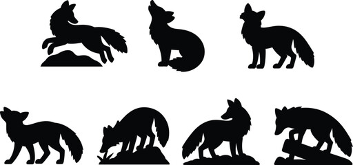 Collection of stylish black fox silhouettes illustrating various poses against a white background