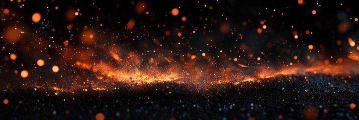 Fiery embers and particles over a black background, in the dark of night, realistic photography.
