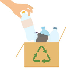 Hand places plastic bottle into recycling cardboard. Plastic pollution concept