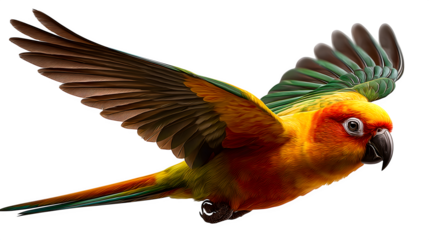 Aratinga solstitialis parakeet flying, head and body with orange and yello feather, and feather are in verticle above position to fly, green and orange feather touch and long tail