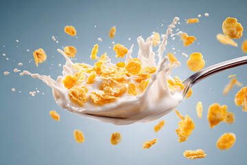 Crispy Corn Flakes with Milk Splash in Mid-Air Motion
