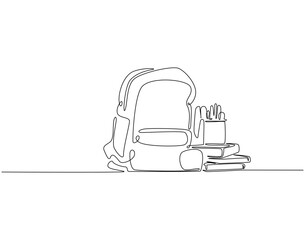Continuous one line drawing of opened backpack with stationary. One line drawing illustration of backpack and school tools. School accessory, back to school concept single line. Editable outline
