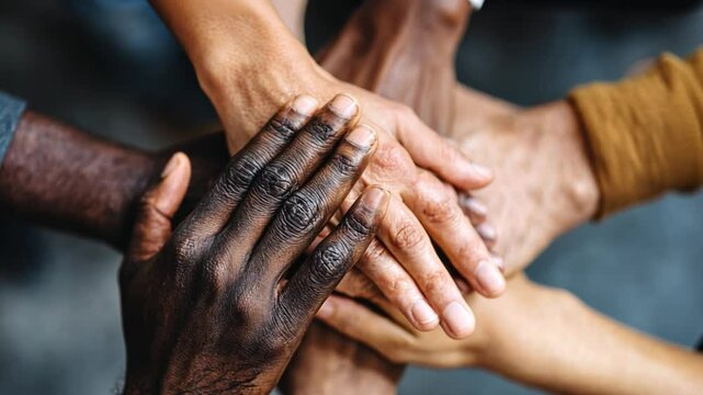 Unity in Touch: Hands of diverse individuals come together in a powerful display of collaboration, trust, and understanding, forming a unified symbol of teamwork and shared goals.