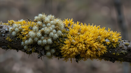 Hypogymnia and Wolf Lichen (Letharia columbiana (yellow)) together with Wila Lichen (Bryoria fremontii (hairy)) on a Tree Branch