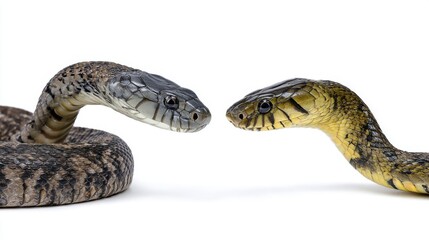 Fototapeta premium A deadly duel between a cobra and a python in the underbrush, coiled and striking, jungle floor details, tension and motion, on white background