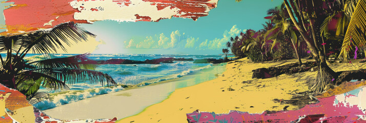 Panorama view of retro tropical beach with pop art abstract background. Generative ai.