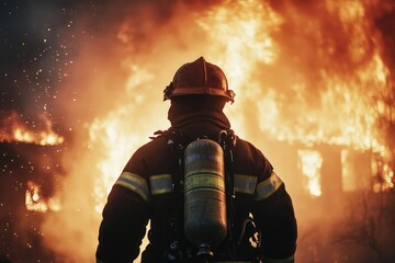 Firefighter battling a house fire, with flames and smoke in the background. A firefighter wearing protective gear,