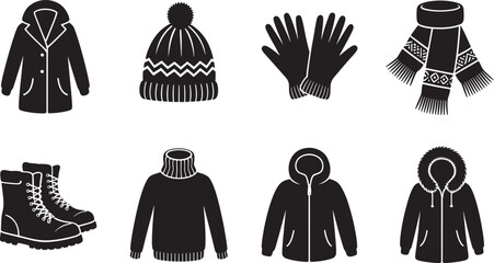 Monochrome vector illustration of winter clothing and accessories for cold weather seasons