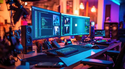 Neon-Lit Studio Workspace, Tech Gamer's Haven
