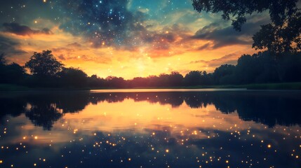 Fototapeta premium Calming lake with a perfect reflection of a glowing twin world stars above and mysterious underwater lights surreal dreamlike realism