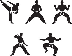 Silhouettes of karate fighters demonstrating different martial arts techniques in black and white