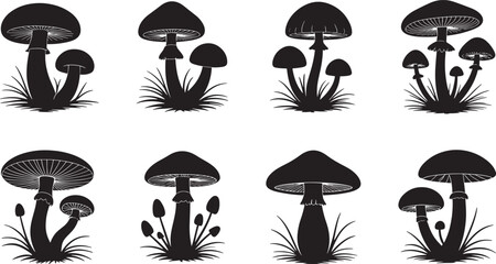 Simple black and white silhouette collection of various mushroom types with grass elements