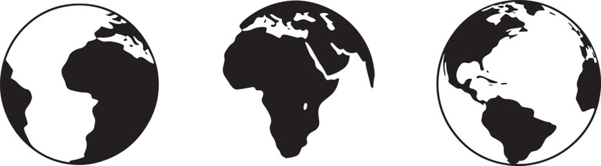 Simple black and white illustrations of the globe showing different views of earth