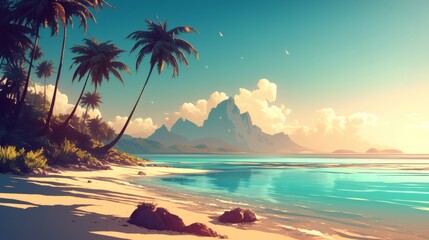 Serene Tropical Beach Scene with Mountains and Palm Trees at Sunset