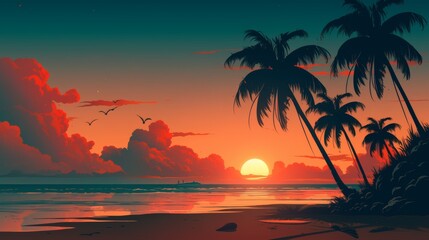 Serene Sunset Over Tropical Beach with Palm Trees and Calm Waters