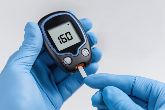 Hand of a doctor in blue gloves using a digital glucose meter to check the sugar level on a patient's finger.