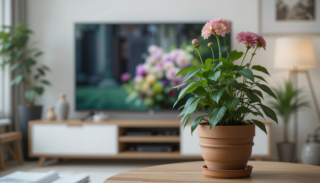 Beautiful flower pot in tv room, TV in the living room decorated with beautiful potted plants on the floor
