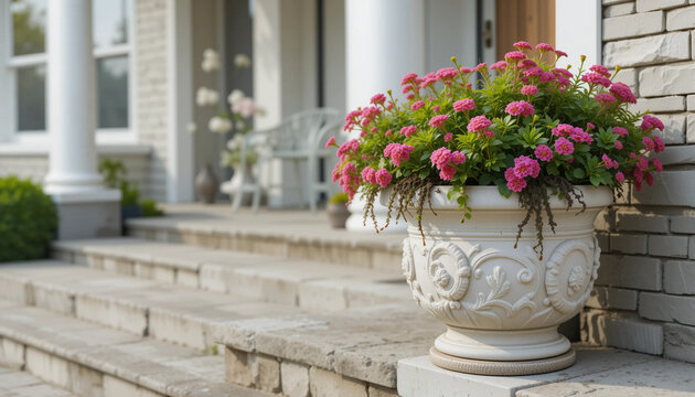 Beautiful flower pot in front of main entrance of house, Main entrance door to a brick family house decorated with plants and flowers in pots on the stairs.