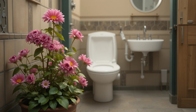 Flower pot in the washroom, A stylish, tidy, organised domestic bathroom