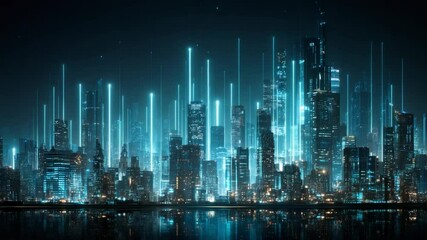 Digital Skyline: A futuristic cityscape glows with neon lights. Skyscrapers stand tall as streams of digital data flow, symbolizing the power of technology and innovation. - Powered by Adobe