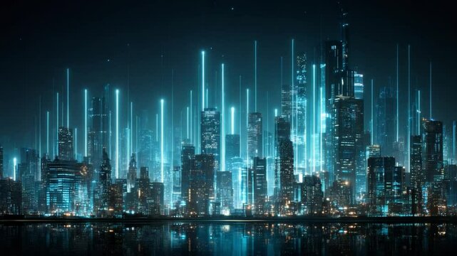 Digital Skyline: A futuristic cityscape glows with neon lights. Skyscrapers stand tall as streams of digital data flow, symbolizing the power of technology and innovation. - Powered by Adobe