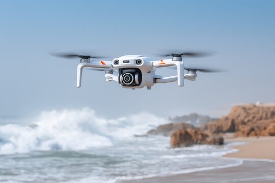 Drone soaring above ocean waves, compact white quadcopter capturing coastal scenery, ideal for aerial photography and exploration.