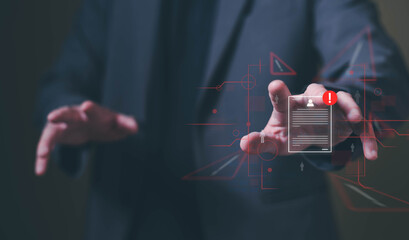 Close up shot of people point to access to personal data and document with warning sign as concept...