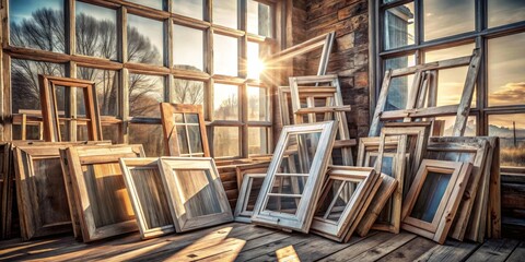 Fototapeta premium Rustic wooden window frames and panes stacked near a sunlit window in a weathered wooden structure