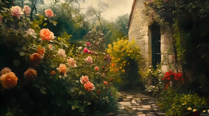 English Garden Cottage Roses Stone Wa 95D74E93