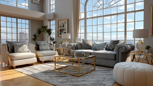 Elegant Living Room: A luxuriously appointed living room features plush furnishings, large windows offering expansive views, all bathed in soft, natural light