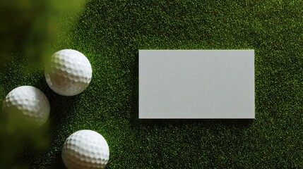 Golf balls resting near blank business card on putting green, representing marketing opportunity for golf industry branding