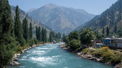 Neelum river winding through verdant kashmir valley, presenting serene landscape with towering mountain ranges and translucent waters reflecting pristine wilderness