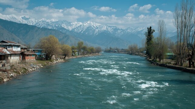River lidder flowing through pahalgam valley in kashmir, india, showcasing the beauty of nature with snow capped mountains, lush green trees, and a clear blue sky on a sunny day