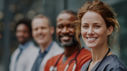 Medical team standing together, radiating confidence and camaraderie, representing collaborative healthcare professionals united in patient centered care and medical excellence