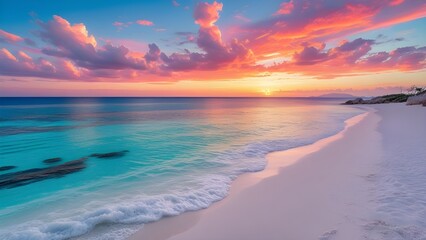 Obraz premium Sunset Over Ibiza Beach with Azure Waters and Vibrant Skies