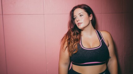 Confident plus size fitness model with brown locks wearing black pink athletic outfit leaning against pink wall, gazing sideways with empowered expression highlighting body diversity
