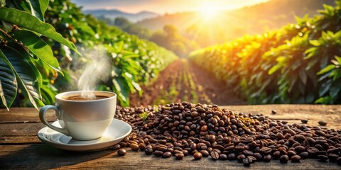 Aromatic coffee cup with steaming brew, nestled amongst roasted beans and lush coffee plant leaves, bathed in warm sunrise light