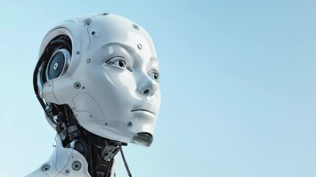 Humanoid female robot looking ahead against clear sky. Futuristic artificial intelligence concept, machine learning, future technology footage.