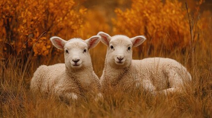 Obraz premium lambs lying on golden grass field in autumn, cute farm animals, photorealistic
