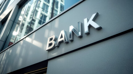 Obraz premium Bank building, close-up, angle shot of a modern bank building, showcasing the prominent, silver 