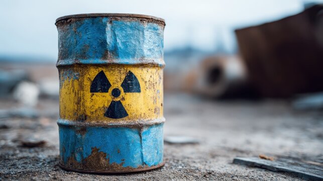 Corroded industrial barrel displaying radioactive hazard symbol, representing nuclear waste pollution within abandoned manufacturing landscape