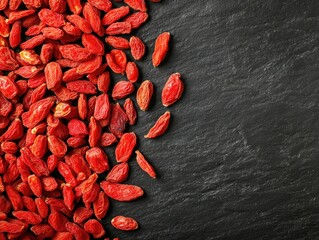 Goji berries and dried red fruit, simple background, top view, close-up, simple layout, black border,