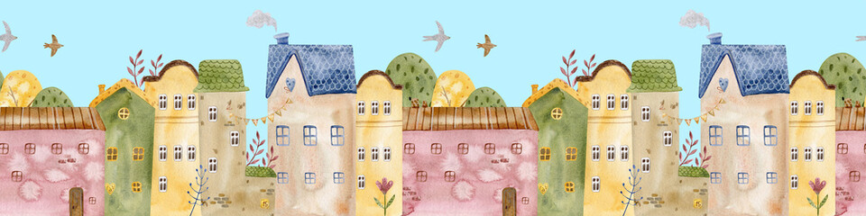 Charming seamless watercolor pattern with cozy village houses, trees, and birds on a blue sky background. Architectural seamless border pattern. Perfect for kids' designs, textiles, and nursery decor