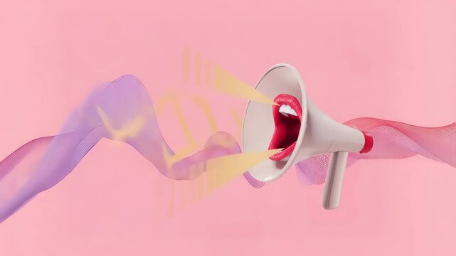 Message. Animated mouth shouting into a megaphone creating sound waves on a pink background, symbolizing communication, expression, and promotion.