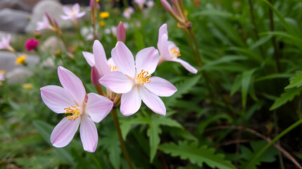 Soft pink Godetia flowers blooming in Cascade Gardens, Banff