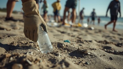 Environmental volunteer removing plastic beach sand conservation