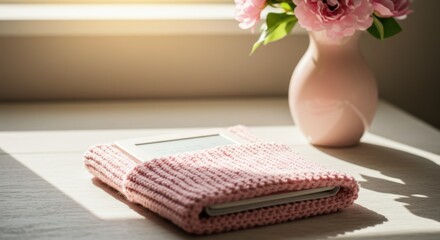 A pink knitted ebook cover rests on a white table next to a vase of pink peonies in sunlight